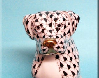 HEREND Seated Dog 15567 - Black Fishnet - First Edition Back Stamp