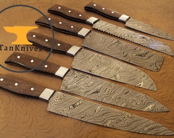 Custom Handmade Damascus Steel Chef Knife Set (6) with Brown Micarta Handle.Chef knife.Kitchen knife.Best gift for him/her. ( QN-752)