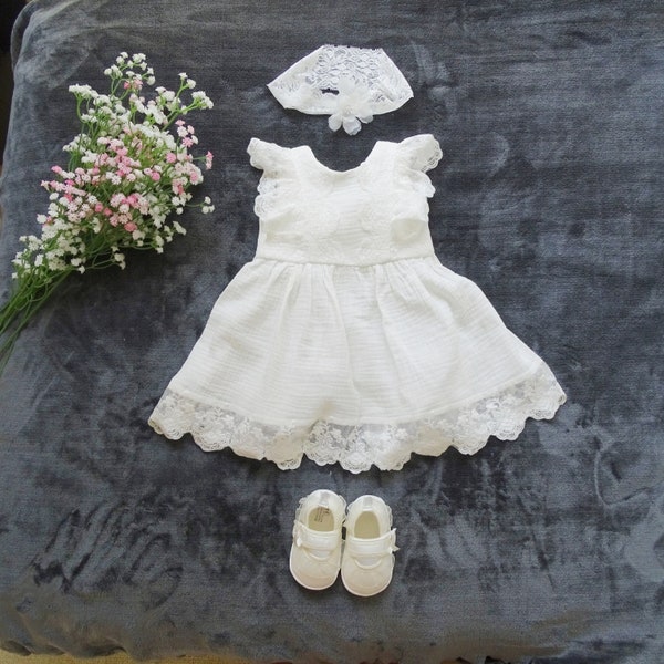ANNA baptism dress, baby dress size 62 68 74 80 86 cotton muslin baptism dress, ivory baby boho dress, baby girl lace dress