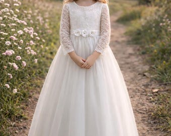 Lace flower girl dress, lace girl dress, ecru lace dress, first communion dress, ecru size 122-164 -KOM501-
