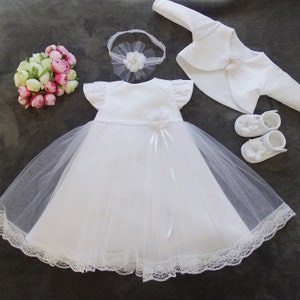 Baptism dress, party dress + headband + bolero + shoes set 4 pieces. "Livia" color: white size. 56, 62, 68, 74, 80, 86, 92, 98