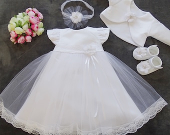 Baptism dress, party dress + headband, set 4 pieces. "Livia" color: white size. 56, 62, 68, 74, 80, 86, 92, 98