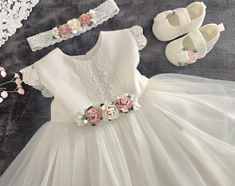 Baby Girl Dress White Lace Tulle – Festive Christening Dress with Flowers, Wedding & Birthday Outfit, Handmade Style