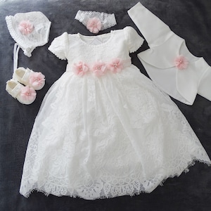Christening dress long party dress + headband + bolero set 5 pieces. Color: ivory ecru size 56, 62, 68, 74, 80, 86,92,98