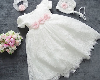 Traditional long christening dress, party dress + headband + hat set 3 pieces size 62,68, 74, 80, 86,92,98