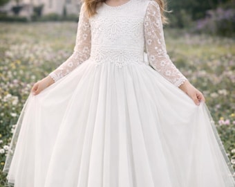 Ivory Lace Flower Girl Dress Boho – Girls Tulle Dress for Wedding, Baptism, Birthday – Vintage Boho Girls Dress
