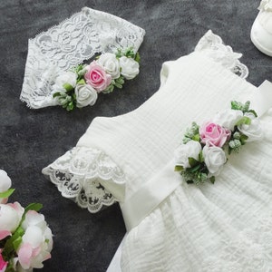 BIANKA ecru muslin dress + ribbon ecru dress with lace, muslin dress, christening dress, christening dress, christening dress, 1st birthday