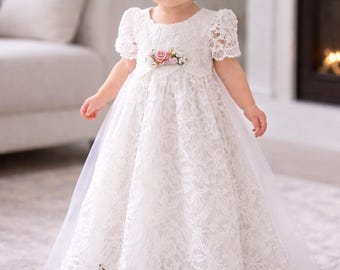 Christening gown for baby girls, formal christening gown in ivory, baby boho dress, baby girl lace dress, christening gown for babies