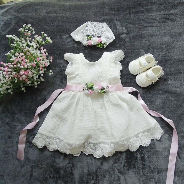 ANNA baptism dress, baby dress size 62 68 74 80 86 cotton muslin baptism dress, ivory baby boho dress, baby girl lace dress