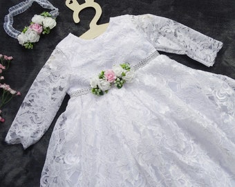 Julia + baptism dress, white flower baptism dress with lace, baby dress, princess dress,