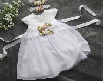 Taufkleid  Babykleid mit Stirnband, Taufkleid, Baby-Kleid für besondere Anlässe, Baby-Mädchen-Hochzeitskleid, Baptism Dress, Christening