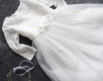 Lace flower girl, lace girl dress, ecru lace dress, first communion dress, ecru size 122-164 -KOM501-