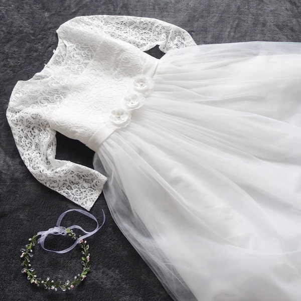Lace flower girl, lace girl dress, ecru lace dress, first communion dress, ecru size 122-164 -KOM501-