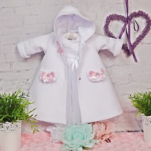 Christening robe, coat, color: white-pink fleece, size 56, 62, 68, 74, 80, 86, 92 Baptism Christening Baby
