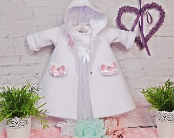 Christening robe, coat, color: white-pink fleece, size 56, 62, 68, 74, 80, 86, 92 Baptism Christening Baby