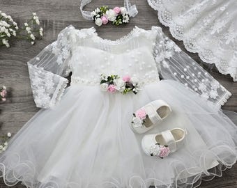 Christening gown for baby girls, formal christening gown in ivory, baby boho dress, baby girl lace dress, christening gown for babies
