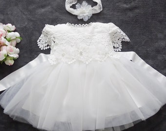 SARA baptism dress, party dress + headband ecru set 2 pieces. Gr. 62,68, 74, 80, 86,92