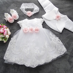 Baptism dress, party dress headband, set 4 pieces. Color: white/pink size. 56, 62, 68, 74, 80, 86, 92, 98 image 1