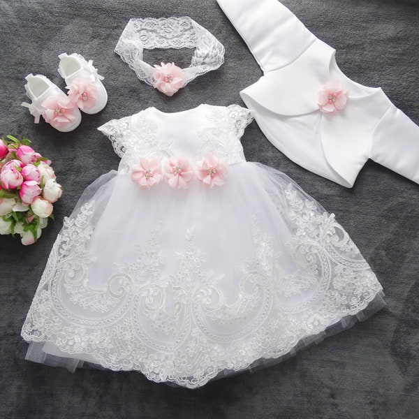 Baptism dress, party dress + headband, set 4 pieces. Color: white/pink size. 56, 62, 68, 74, 80, 86, 92, 98