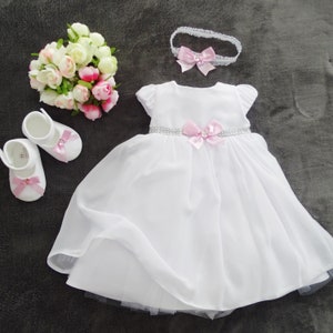 Christening dress, party dress + headband set 2 pieces &quot;Lotta&quot; white/pink size 56, 62, 68, 74, 80, 86, 92, 98