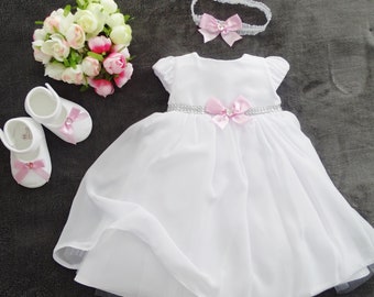 Vestido de bautizo, vestido festivo + juego de diadema 2 uds. "Lotta" blanco/rosa gr. 56, 62, 68, 74, 80, 86, 92, 98