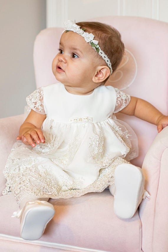Set 3-tlg Taufkleid +Stirnband+Schuhe 62-98 Baptism