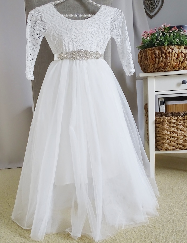 Blumenmädchenkleid Prinzessin Spitzenkleid Lange A-Linie Tüllkleid Festliche Mädchenkleider Party Hochzeit Brautjungfern Kommunionkleid Bild 3