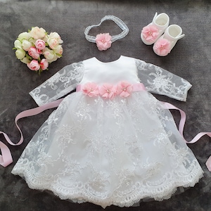 Christening dress, party dress + headband + shoes, set of 3 pieces, size 56, 62, 68, 74, 80,86,92