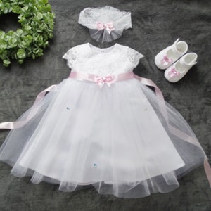 EMMA baptism dress, party dress + headband + shoes color: white size. 56, 62, 68, 74, 80, 86, 92, 98 Baptism Dress, Christening Dress Baby Lace