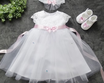 EMMA Taufkleid, Festkleid +Stirnband+Schuhe  Farbe: weiß Gr. 56, 62, 68, 74, 80, 86, 92, 98 Baptism Dress, Christening Dress Baby Lace