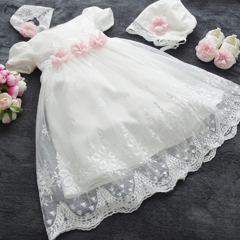 DANA baptism dress, party dress headband hat shoes set 4 pieces. Gr. 62.68, 74, 80, 86, 92.98 image 4