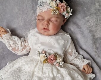 Girls Child Satin Rhinestone Flowers Wedding Dress Flower Girl Comunion Birthday Baptism Sash Belt and Headband rose tan 2pcs