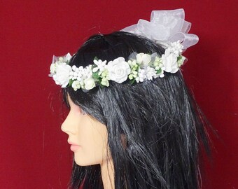 White Flower Crown, White Floral Crown, White Flower Headband, Flower Halo, White Communion Flower Crown, Flower girl Crown, White Hair Bow