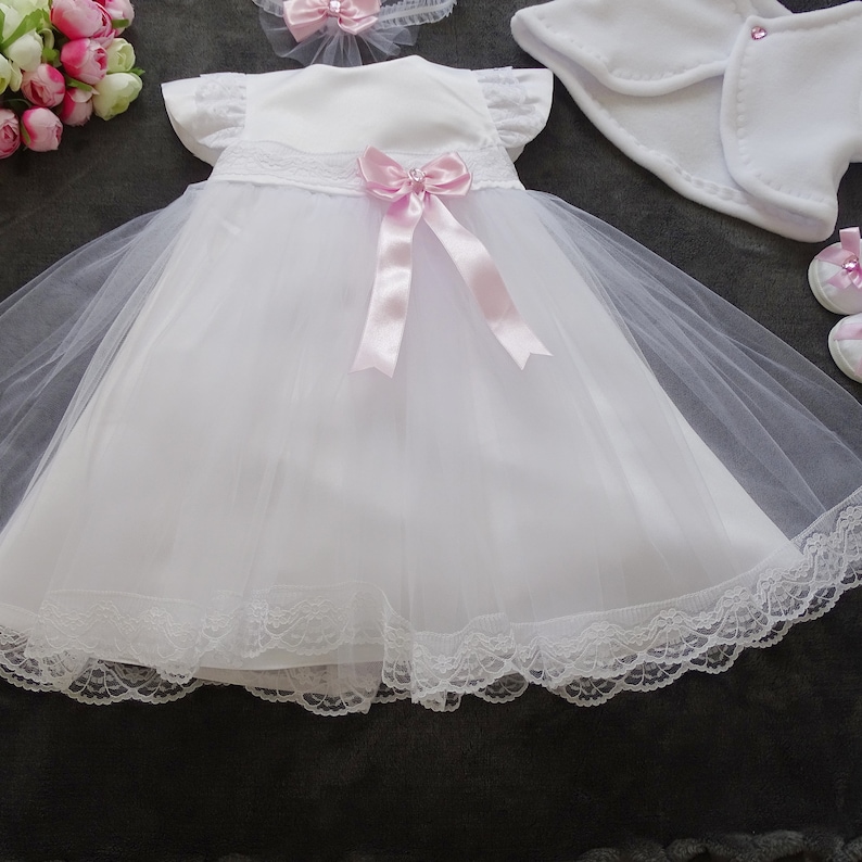 Christening dress, party dress headband, set of 4 pieces Livia Color: white/pink Size 56, 62, 68, 74, 80, 86, 92, 98 image 3