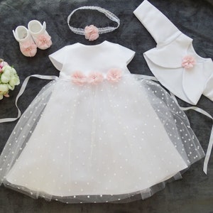 Baptism dress, party dress + headband, set 4 pieces. "BEATRICE" color: white - pink size. 56, 62, 68, 74, 80, 86, 92, 98