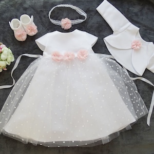 Baptism dress, party dress + headband, set 4 pieces. "BEATRICE" color: white - pink size. 56, 62, 68, 74, 80, 86, 92, 98