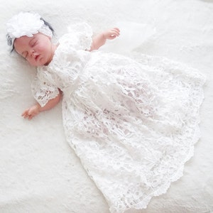 Traditional long christening dress, party dress + headband + hat ecru/ivory, sizes 56, 62, 68, 74, 80, 86, 92, 98