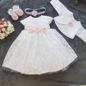 Julia christening dress, party dress + headband, set of 4 pieces. Color: white - pink size 56, 62, 68, 74, 80, 86, 92, 98