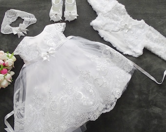 Charlotte baptism dress, party dress + headband + shoes + bolero set 4 pieces. Color: white size. 56, 62, 68, 74, 80, 86, 92, 98