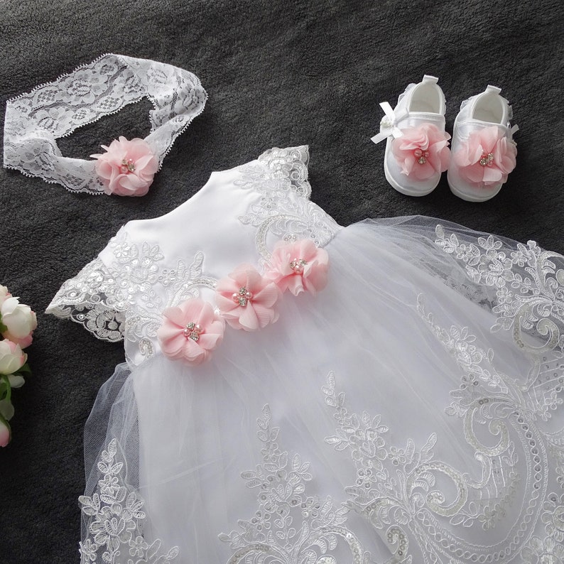 Baptism dress, party dress headband, set 4 pieces. Color: white/pink size. 56, 62, 68, 74, 80, 86, 92, 98 image 3