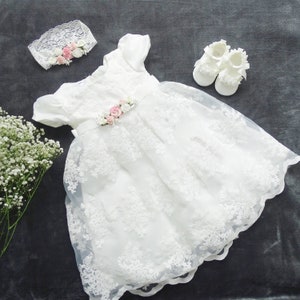 Traditional long christening dress, party dress + headband + shoes ecru/ivory, size 56, 62, 68, 74, 80, 86, 92, 98 ELLE