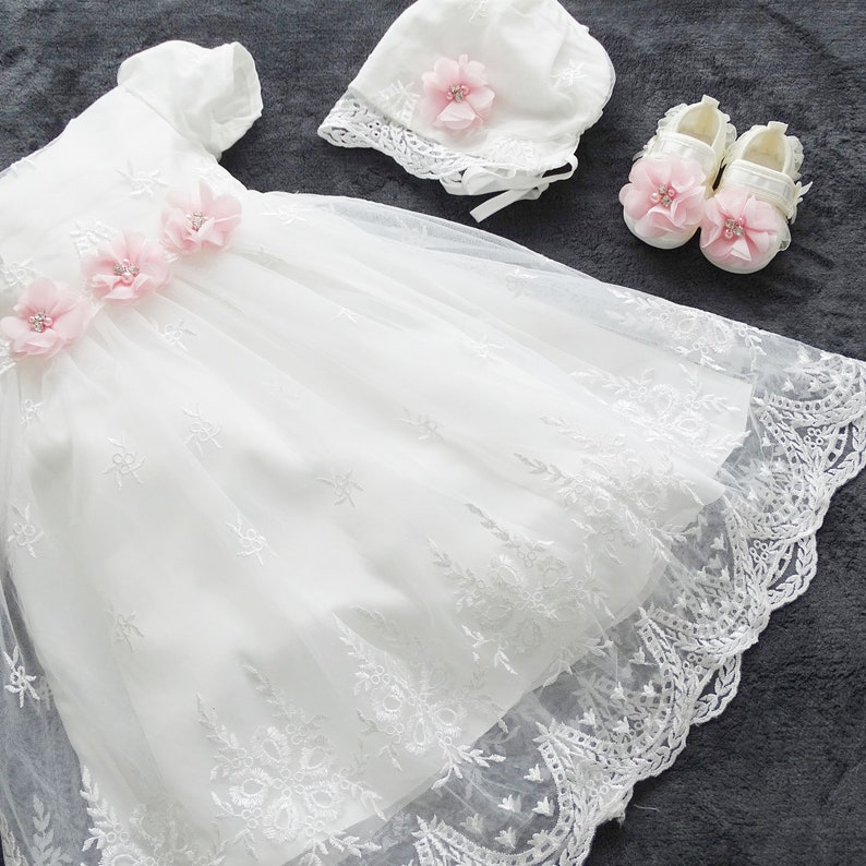 DANA baptism dress, party dress headband hat shoes set 4 pieces. Gr. 62.68, 74, 80, 86, 92.98 image 3