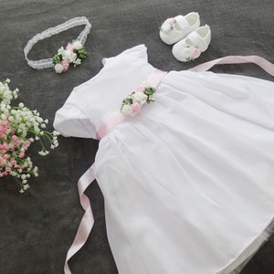 Vanessa baptism dress, party dress headband shoes color: white size. 56, 62, 68, 74, 80, 86, 92, 98 Baptism Dress, Christening Dress Baby image 5