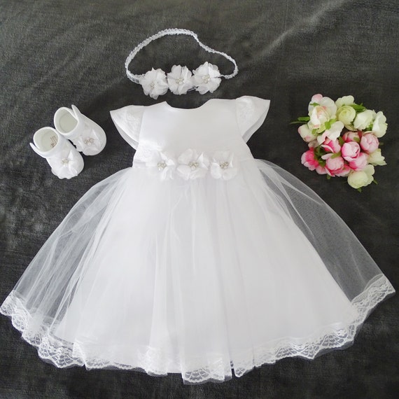 Taufkleid, Festkleid +Stirnband  Set   2Tlg. Livia  Farbe: weiß Gr. 56, 62, 68, 74, 80, 86, 92, 98