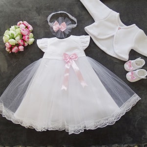 Christening dress, party dress headband, set of 4 pieces Livia Color: white/pink Size 56, 62, 68, 74, 80, 86, 92, 98 image 1