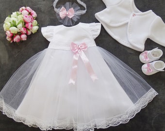 Christening dress, party dress + headband, set of 4 pieces "Livia" Color: white/pink Size 56, 62, 68, 74, 80, 86, 92, 98