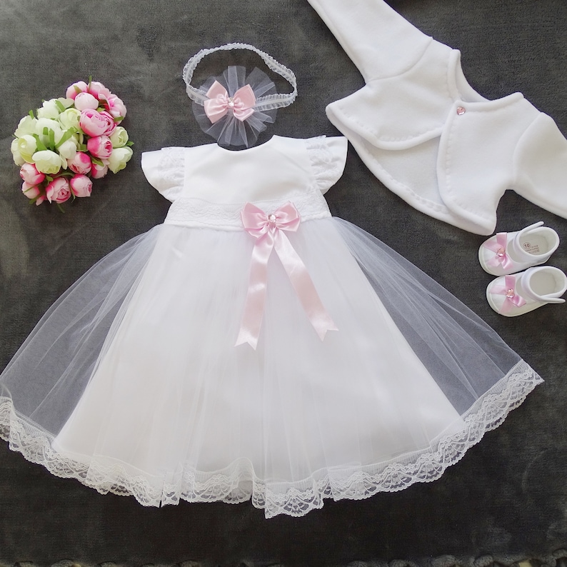 Christening dress, party dress headband, set of 4 pieces Livia Color: white/pink Size 56, 62, 68, 74, 80, 86, 92, 98 image 1