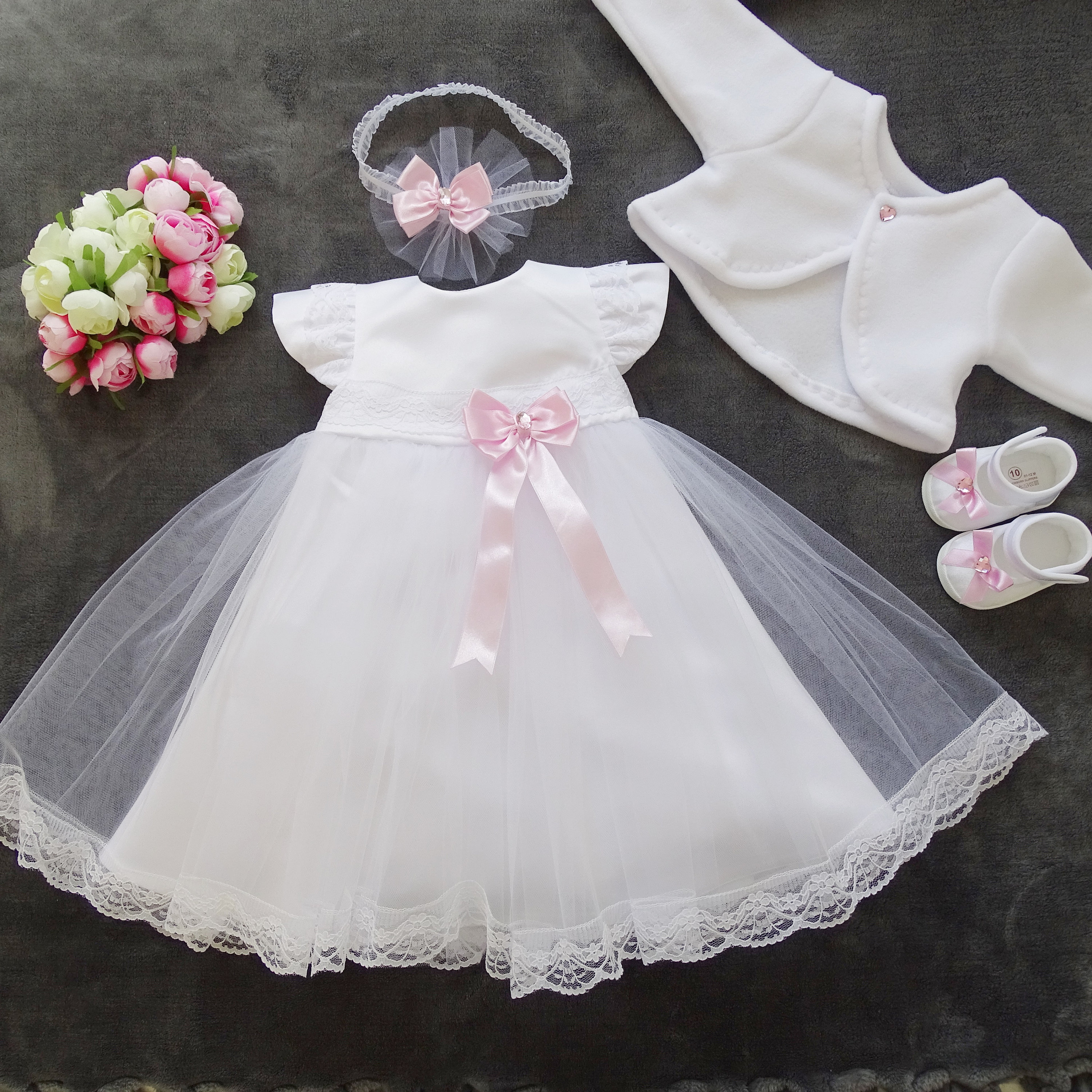Christening dress, party dress + headband, set of 4 pieces "Livia" Color: white/pink Size 56, 62, 68, 74, 80, 86, 92, 98
