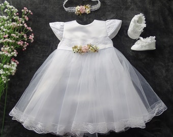 Robe de baptême, robe de soirée + bandeau + pointure de chaussures. 56, 62, 68, 74, 80, 86,92,98 Robe de baptême à manches longues pour bébés filles | Filles bébé fille dentelle