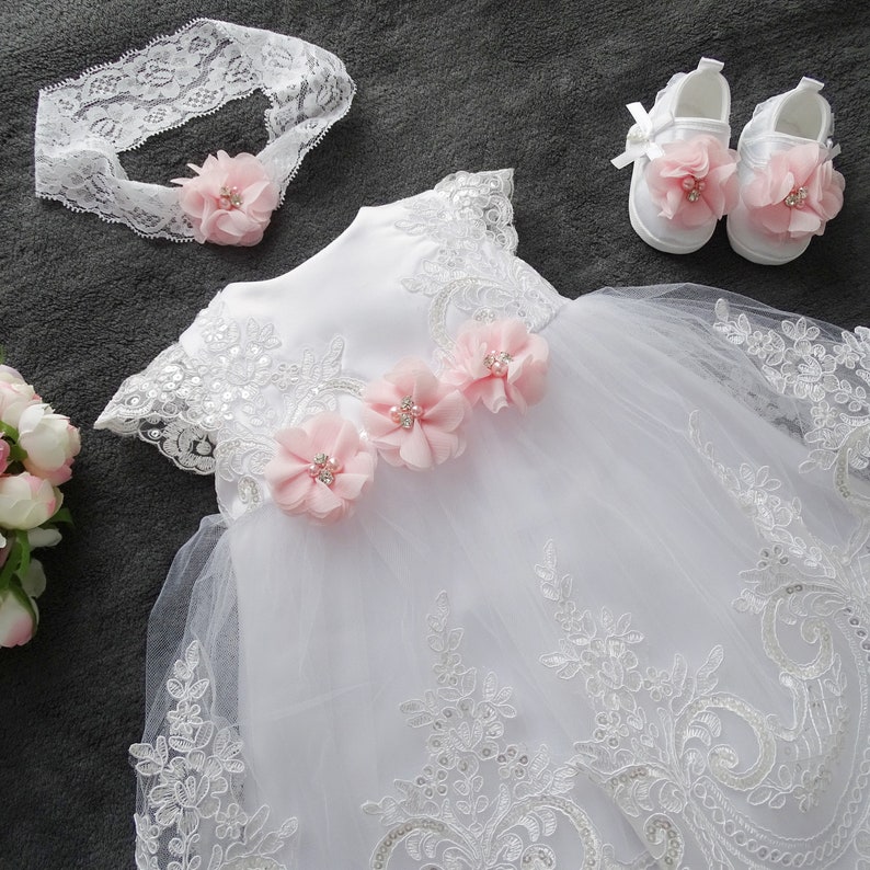 Baptism dress, party dress headband, set 4 pieces. Color: white/pink size. 56, 62, 68, 74, 80, 86, 92, 98 image 9